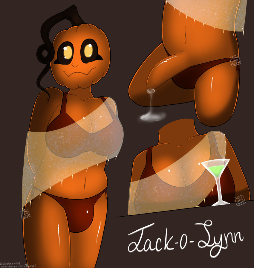 2023 absurd_res alcohol anthro artist_name beverage big_breasts big_penis bikini bikini_bottom bikini_top bodily_fluids bottomwear bra breast_rest breasts brown_sclera bulge clothed clothing cocktail_glass colored container cum cup demon_ascended_(artist) digital_drawing_(artwork) digital_media_(artwork) drinking_glass english_text erection food fruit genital_fluids genitals glass glass_container glass_cup glowing glowing_eyes gynomorph halloween hands_behind_back hi_res holidays humanoid intersex jack-o'-lantern jack-o-lynn_(demon_ascended) kneeling looking_at_viewer navel not_furry orange_body orange_skin panties penile penis plant portrait pumpkin red_clothing shaded shawl signature simple_background smile solo swimwear text three-quarter_portrait topwear toxic_love_nsfw_(artist) trans_(lore) trans_woman_(lore) translucent translucent_clothing underwear url vines watermark yellow_eyes