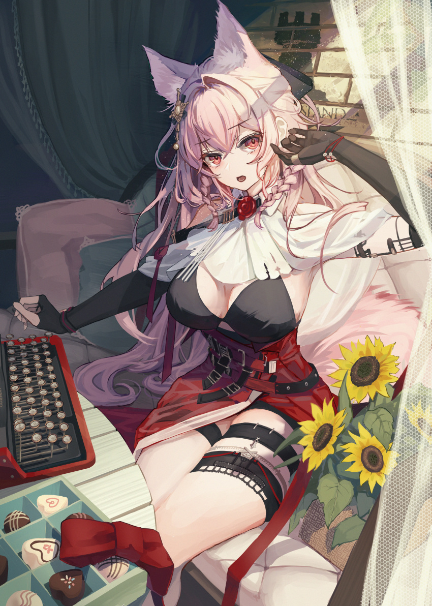 1girl absurdres adjusting_hair animal_ears arknights black_shirt box box_of_chocolates braid breasts brick_wall brooch chocolate cleavage commentary couch curtains feet_out_of_frame flower hair_intakes hair_ornament hand_up high-waist_skirt highres iasimo jewelry large_breasts long_hair looking_at_viewer open_mouth outdoors pillow pink_hair pozyomka_(arknights) red_eyes red_skirt rhodes_island_logo shirt side_braid skirt solo sunflower symbol-only_commentary table thigh_strap thighs typewriter wolf_ears wolf_girl wooden_table