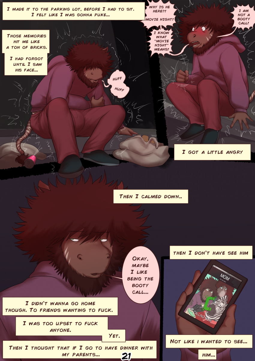 anthro asinus azathura beard blush brown_hair clothing comic donkey english_text equid equine facial_hair hair hi_res hoodie hybrid male mammal marcus_(azathura) phone solo talking_to_self text topwear zebra