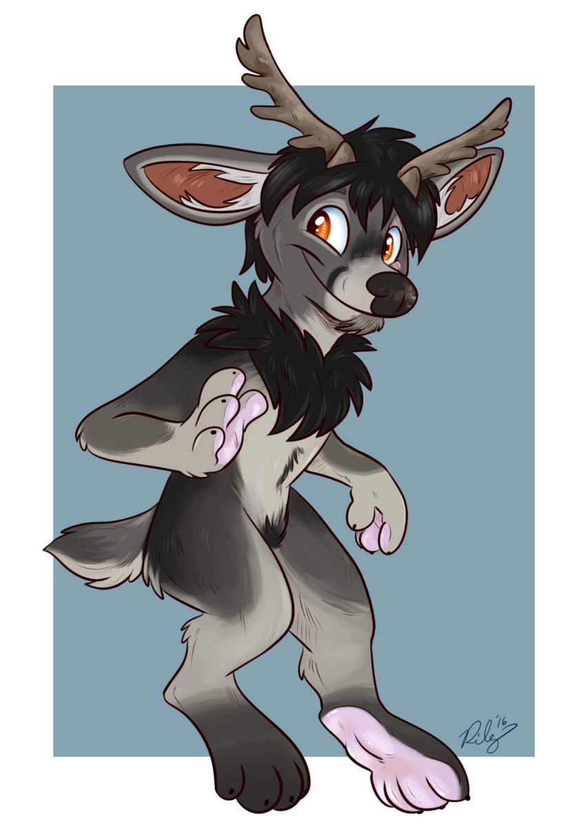 2016 anthro antlers black_hair cervine chibi deer eye_scar facial_scar full_pad fur gesture grey_body grey_fur hair hand_pawpads hi_res horn looking_at_viewer male mammal neck_tuft nude orange_eyes paws portrait ra'deer safe_nudity scar solo tuft wave waving waywardmutt