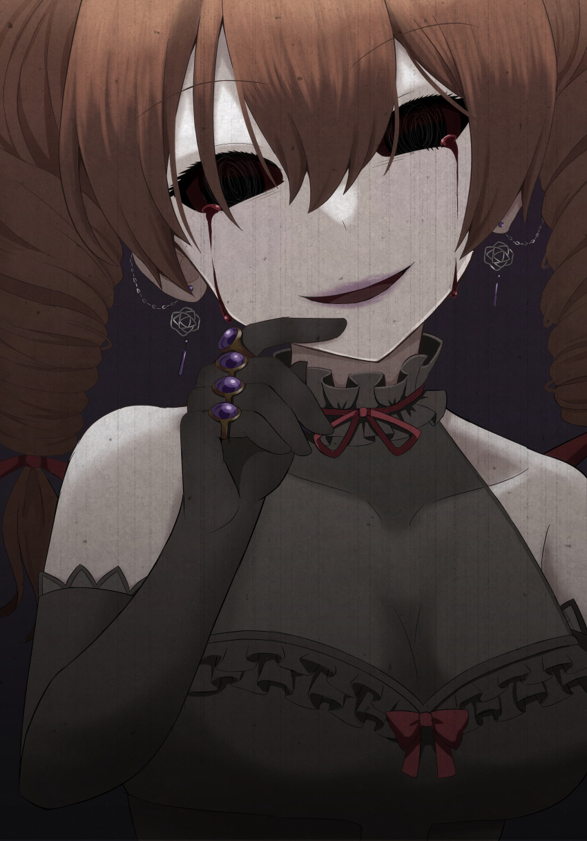 1girl absurdres bare_shoulders black_dress black_gloves blood blood_from_eyes breasts brown_hair cleavage dress drill_hair drop_earrings earrings elbow_gloves frills gloves highres hollow_eyes horror_(theme) jewelry looking_at_viewer masakano_masaka ring smile solo touhou twin_drills upper_body yorigami_jo'on