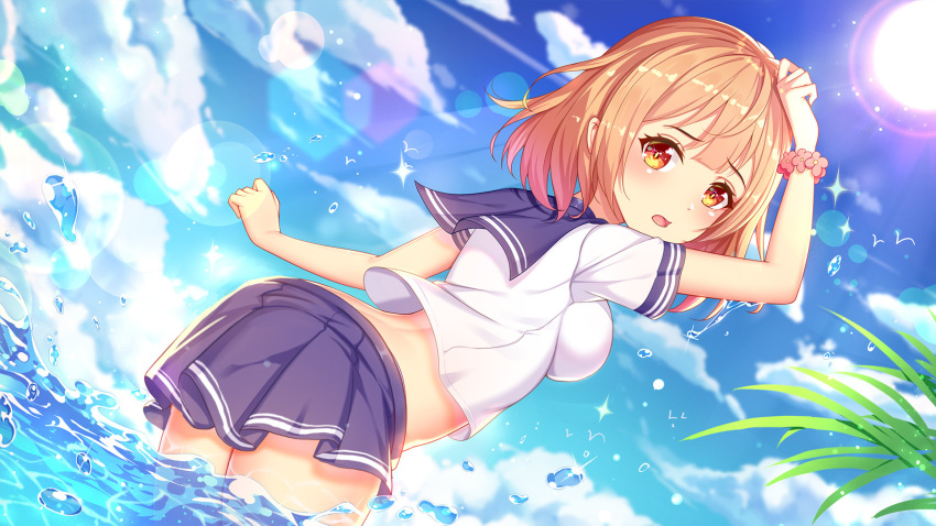 1girl blue_skirt blue_sky blush breasts cloud cloudy_sky cowboy_shot day dutch_angle highres looking_at_viewer looking_back medium_breasts midriff ocean open_mouth outdoors pleated_skirt pretty_angel sailor_collar school_uniform shirt short_hair short_sleeves skirt sky solo standing thighs water white_shirt