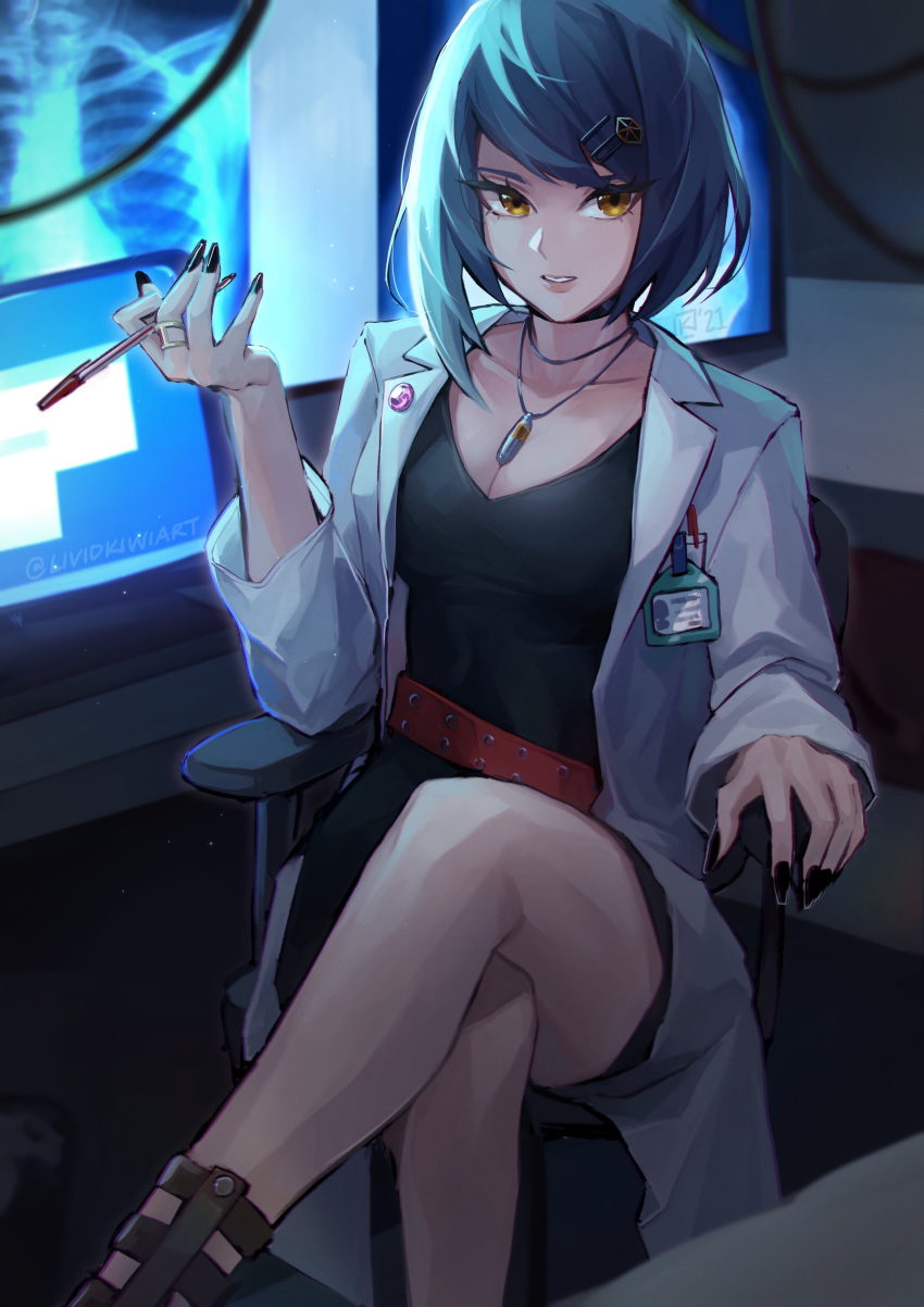 1girl absurdres belt black_nails blue_hair brown_eyes coat crossed_legs crossover dark_blue_hair dress genshin_impact green_dress highres holding holding_pen indoors jewelry kujou_sara lab_coat lividkiwi looking_at_viewer monitor necklace open_clothes open_coat pen persona persona_5 red_belt short_hair sitting solo takemi_tae white_coat x-ray