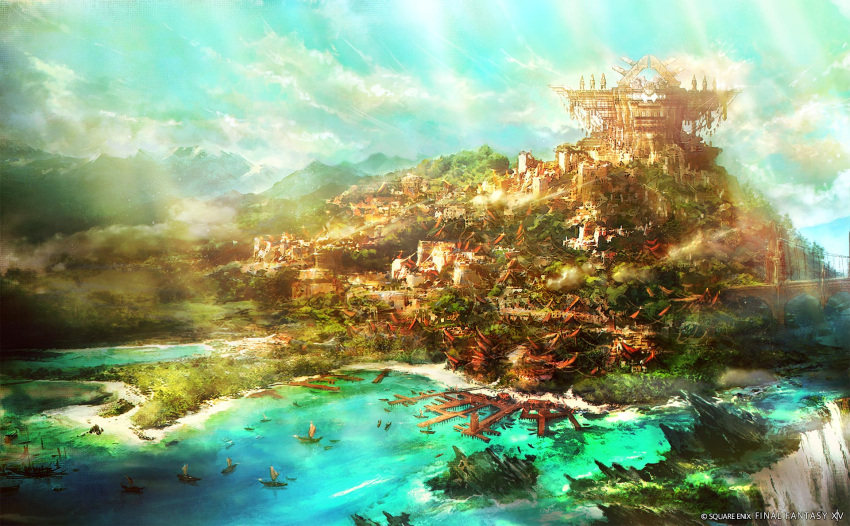 artist_request blue_sky boat bridge building city cityscape cloud company_name copyright copyright_name day dock final_fantasy final_fantasy_xiv highres light_rays mountainous_horizon no_humans official_art outdoors scenery sky sunbeam sunlight water watercraft