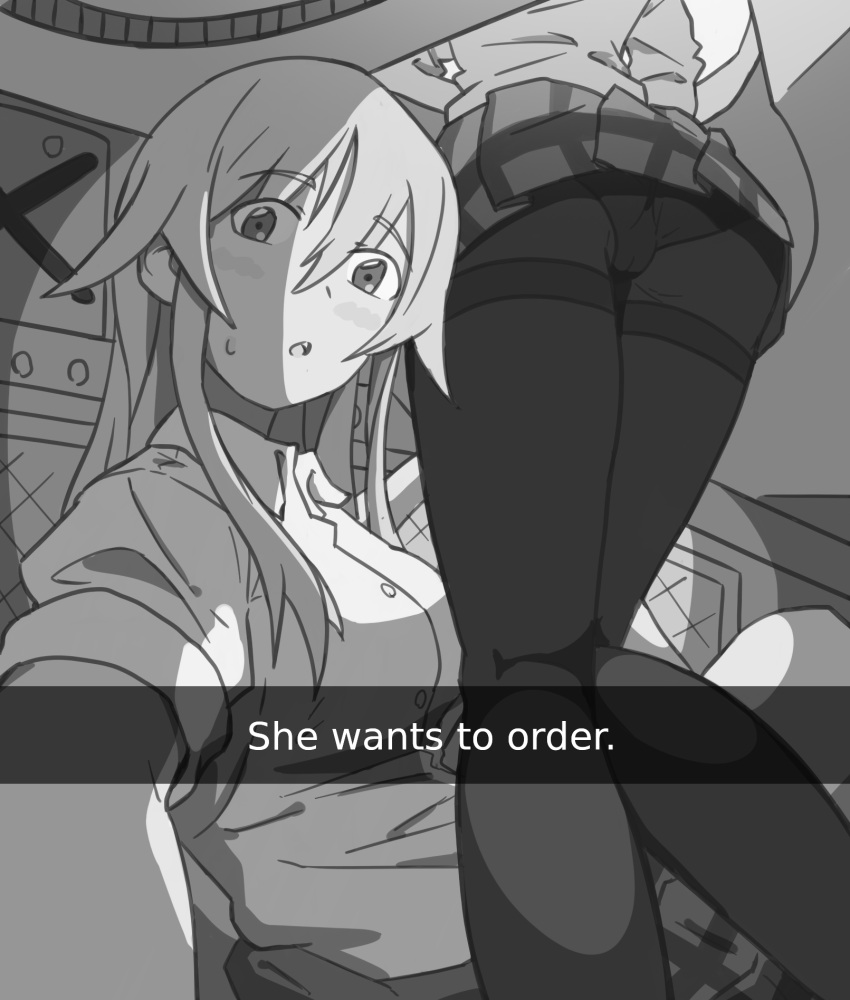 2girls ass ass_focus between_legs black_panties black_pantyhose blonde_hair clothes_lift girls_und_panzer girls_und_panzer_ribbon_no_musha hair_ears he_wants_to_order_(meme) highres huaronanago interior long_hair looking_at_viewer matsukaze_rin meme monochrome multiple_girls panties panties_under_pantyhose pantyhose plaid plaid_skirt pleated_skirt school_uniform see-through see-through_legwear selfie shirt skirt skirt_lift sleeves_rolled_up sweat sweatdrop tank_interior tatenashi_high_school_uniform tsuruki_shizuka underwear upskirt white_shirt