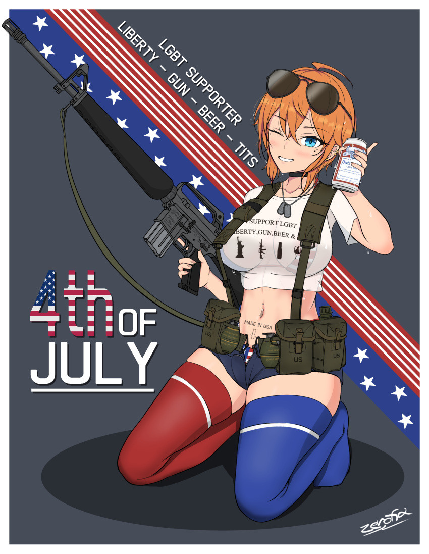 1girl absurdres ahoge american_flag_bikini ammunition_pouch arrow_(symbol) assault_rifle asymmetrical_legwear beer_can bikini bikini_under_clothes blue_shorts blue_thighhighs breasts can dog_tags ear_piercing english_text explosive eyewear_on_head flag_print grenade gun highres holding holding_can holding_gun holding_weapon large_breasts load_bearing_equipment m16 micro_shorts mismatched_legwear mole mole_under_eye navel navel_piercing one_eye_closed orange_hair original piercing pouch pun red_thighhighs rifle shirt short_hair short_sleeves shorts smile solo stomach_tattoo sunglasses swimsuit t-shirt tattoo thighhighs weapon white_shirt zerofid