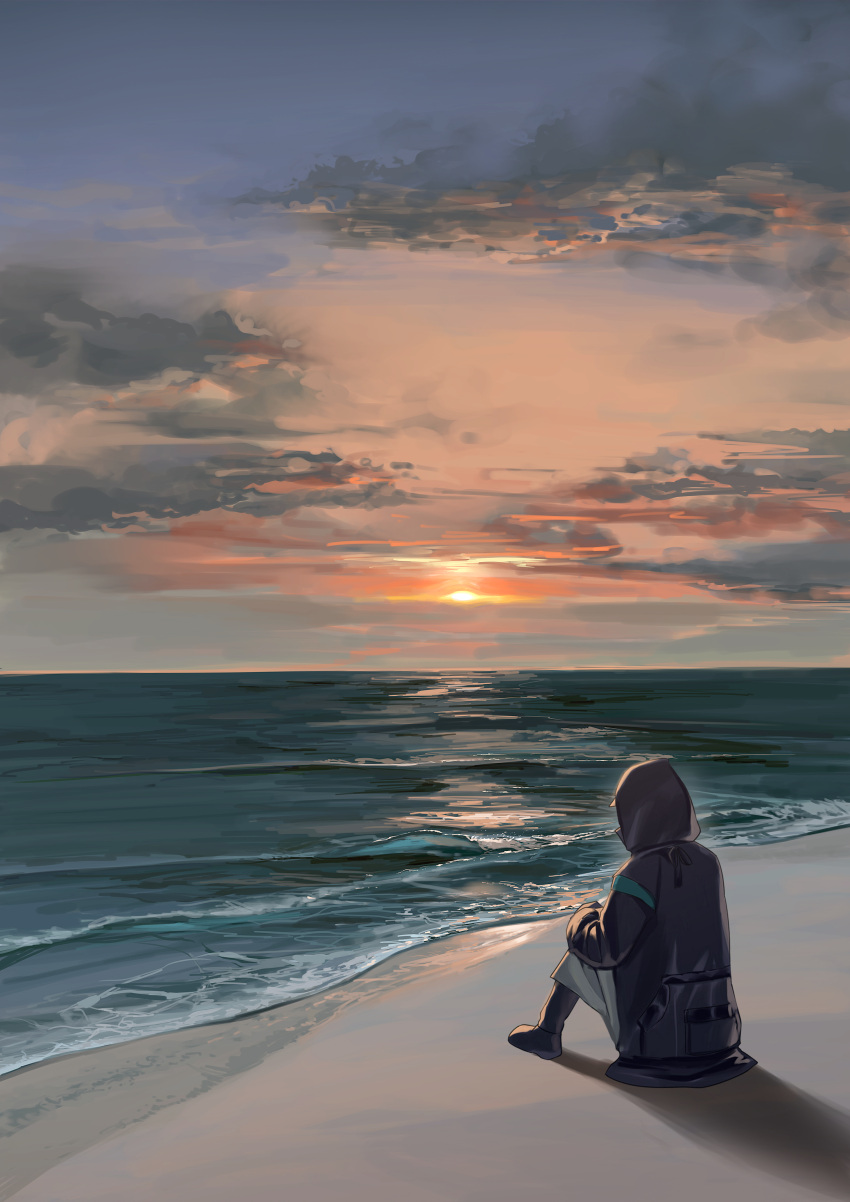 1other absurdres arknights beach black_footwear black_jacket black_pants boots cloud cloudy_sky doctor_(arknights) facing_away grey_shirt highres hood hood_up hooded_jacket horizon jacket long_sleeves ocean other_focus outdoors oxy_(ho2) pants sand shirt sky solo sunset water