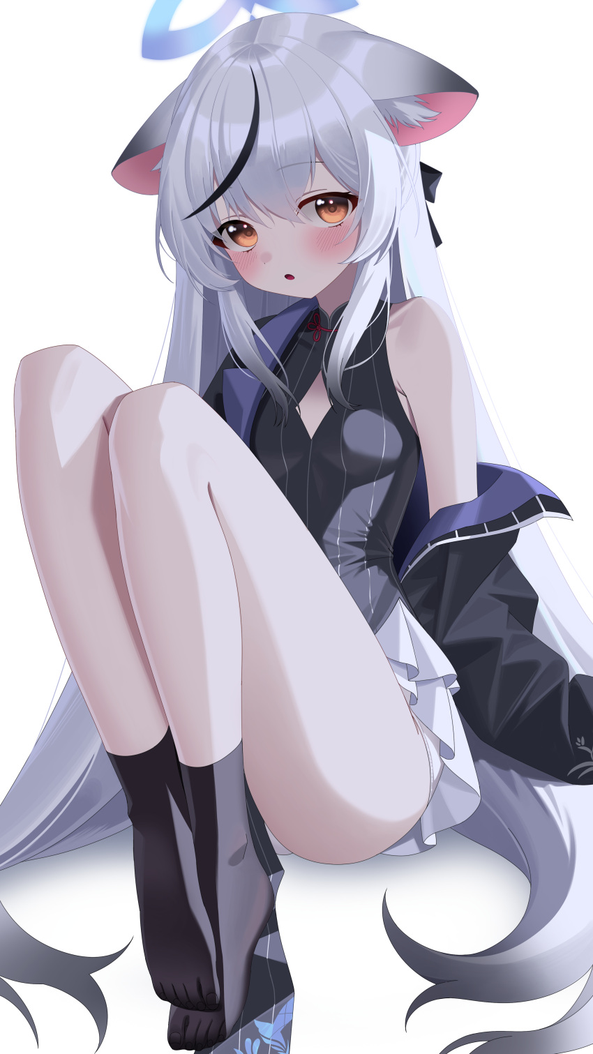 1girl absurdres animal_ear_fluff animal_ears ass black_coat blue_archive bow china_dress chinese_clothes cleavage_cutout clothing_cutout coat commentary_request dress feet frilled_skirt frills gradient_hair grey_hair hair_between_eyes hair_bow hair_ribbon halo highres knees_to_chest knees_up kokona_(blue_archive) leavv legs legs_together long_hair long_legs long_sleeves looking_at_viewer low_twintails multicolored_hair no_shoes panties pantyshot parted_lips pelvic_curtain ribbon sidelocks simple_background sitting skirt sleeveless solo streaked_hair tiger_ears tiger_girl toenails toes twintails two-tone_hair underwear white_background