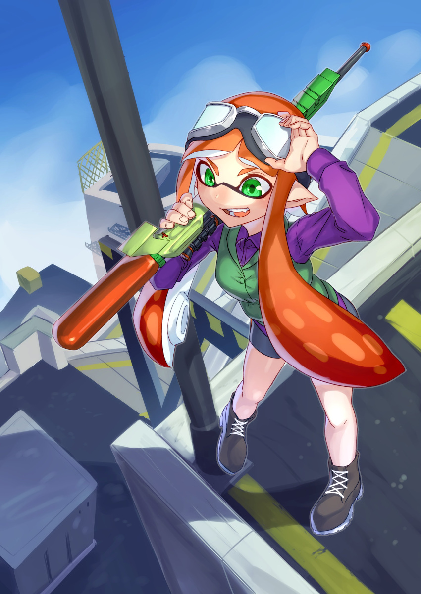 1girl absurdres black_footwear boots breasts day goggles goggles_on_head green_eyes green_vest gun highres holding holding_gun holding_weapon inkling inkling_girl long_hair medium_breasts moray_towers open_mouth orange_hair outdoors pointy_ears purple_shirt red_hair shirt sho_bu_1116 shorts solo splat_charger_(splatoon) splatoon_(series) standing tentacle_hair vest weapon