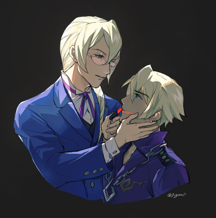 2boys ace_attorney applying_makeup black_background blonde_hair blue_eyes blue_jacket brothers buttons chain_necklace closed_mouth collared_shirt cosmetics cropped_arms cropped_torso dark_skin earrings eye_contact glasses hair_between_eyes hand_on_another's_cheek hand_on_another's_face highres incest jacket jewelry kaeru_(qingwali) klavier_gavin kristoph_gavin lapel_pin lapels layered_sleeves lipstick lipstick_tube long_sleeves looking_at_another looking_up makeup medium_hair multiple_boys neck_ribbon necklace open_collar parted_lips purple_ribbon purple_shirt red_lipstick_tube ribbon shirt short_hair siblings smeared_lipstick suit_jacket twitter_username white_shirt yaoi