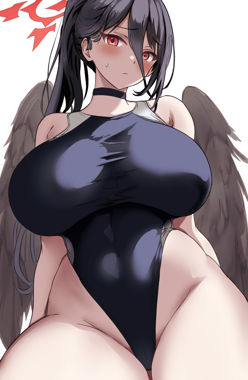 1girl absurdres black_choker black_hair blue_archive blush breasts choker curvy halo hasumi_(blue_archive) highres huge_breasts large_breasts long_hair looking_at_viewer one-piece_swimsuit ossou_rocket ponytail red_eyes simple_background solo swimsuit thick_thighs thighs white_background wide_hips wings