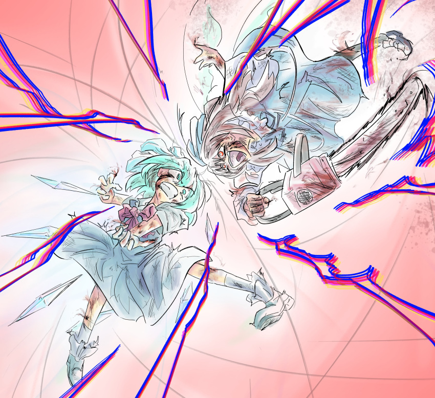 2girls absurdres angry blood blood_on_clothes blue_bow blue_dress blue_eyes blue_hair bow brown_hair chainsaw cirno clenched_teeth dress fairy fairy_wings fighting hair_bow highres holding holding_weapon ice ice_wings injury koishi_komeiji's_heart-throbbing_adventure kubikim3 long_sleeves looking_at_another multiple_girls red_eyes short_hair smile star_sapphire teeth torn_clothes touhou weapon wings