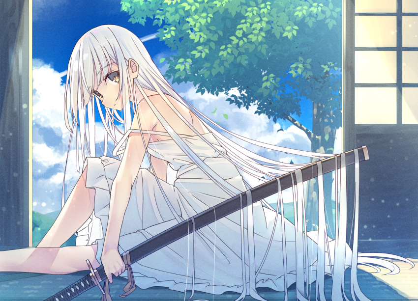 1girl bare_shoulders dress feet_out_of_frame holding holding_sword holding_weapon knee_up long_hair looking_at_viewer looking_to_the_side original sheath sheathed shiro_youduki sitting solo sword veranda very_long_hair weapon white_dress white_hair yellow_eyes