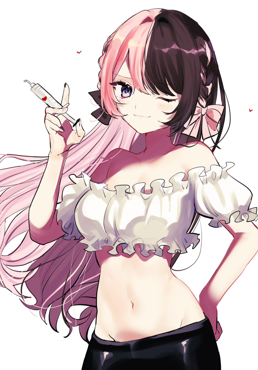 1girl ;) bare_shoulders bow breasts brown_hair commentary_request crop_top groin hair_bow hand_on_own_hip hand_up highres holding holding_syringe hoshino-san long_hair looking_at_viewer medium_breasts midriff multicolored_hair navel off-shoulder_shirt off_shoulder one_eye_closed pink_bow pink_hair puffy_short_sleeves puffy_sleeves purple_eyes shirt short_sleeves simple_background smile stomach syringe tachibana_hinano_(vtuber) two-tone_hair upper_body very_long_hair vspo! white_background white_shirt