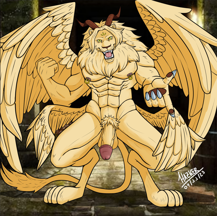 absurd_res anthro balls delicious_in_dungeon feathered_wings feathers felid fur genitals hazker hi_res horn humanoid_genitalia lion male mammal multi_eye multi_wing muscular muscular_anthro muscular_male nipple_piercing nipples open_mouth pantherine penis piercing pubes solo tail teeth_showing winged_lion_(delicious_in_dungeon) wings yellow_body yellow_eyes yellow_fur