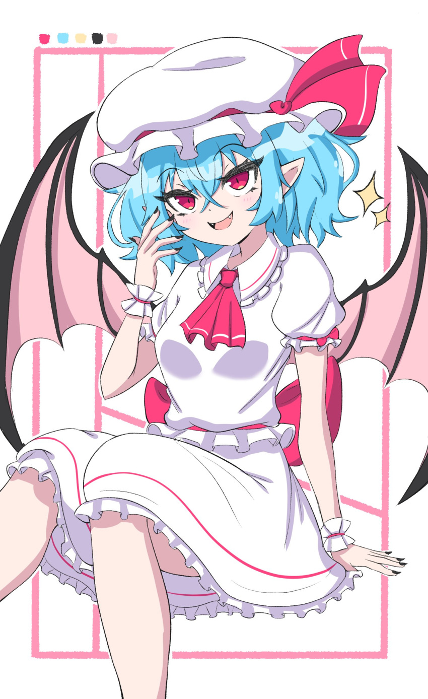 1girl :d absurdres ascot bat_wings blue_hair commentary english_commentary hair_ribbon hat hat_ribbon highres open_mouth pointy_ears red_ascot red_eyes red_ribbon remilia_scarlet ribbon shirt short_hair simple_background skirt smile smug_suriipi solo star_(symbol) touhou white_headwear white_shirt white_skirt wings