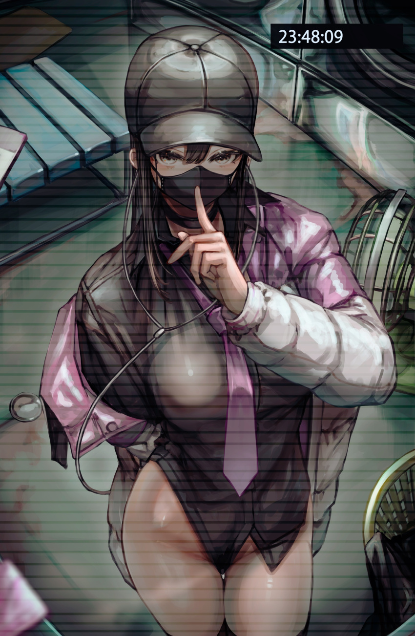 1girl absurdres baseball_cap black_eyes black_hair black_shirt blue_archive breasts collared_shirt earphones finger_to_mouth halo hat highres jacket jacket_partially_removed large_breasts long_hair long_sleeves looking_at_viewer mask mouth_mask necktie saori_(blue_archive) shirt soleil_(soleilmtfbwy03) solo thigh_gap thighhighs thighs