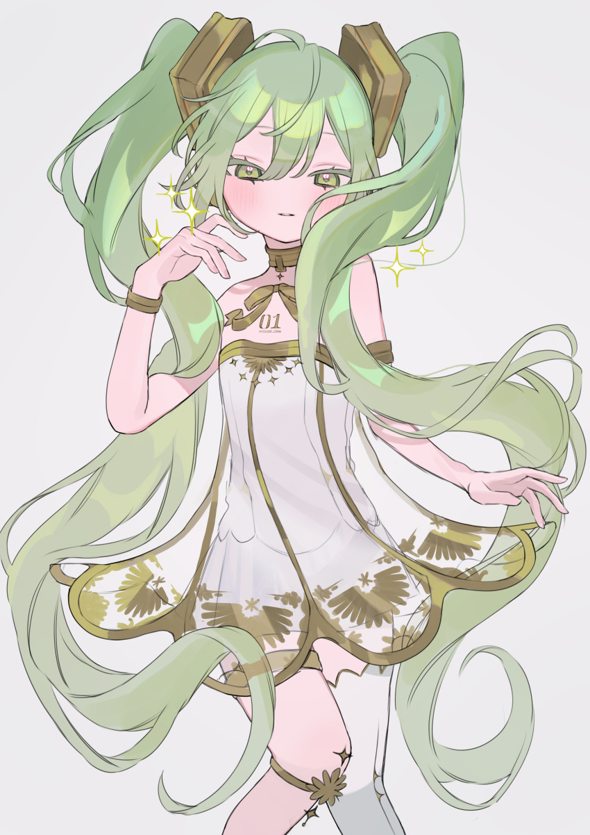 1girl absurdres bare_shoulders blush dress flat_chest gramophone_miku green_eyes green_hair grey_background hakudaku hatsune_miku highres light_smile long_hair looking_at_viewer miku_symphony_(vocaloid) parted_lips see-through see-through_dress simple_background single_thighhigh solo sparkle strapless strapless_dress thighhighs twintails very_long_hair vocaloid