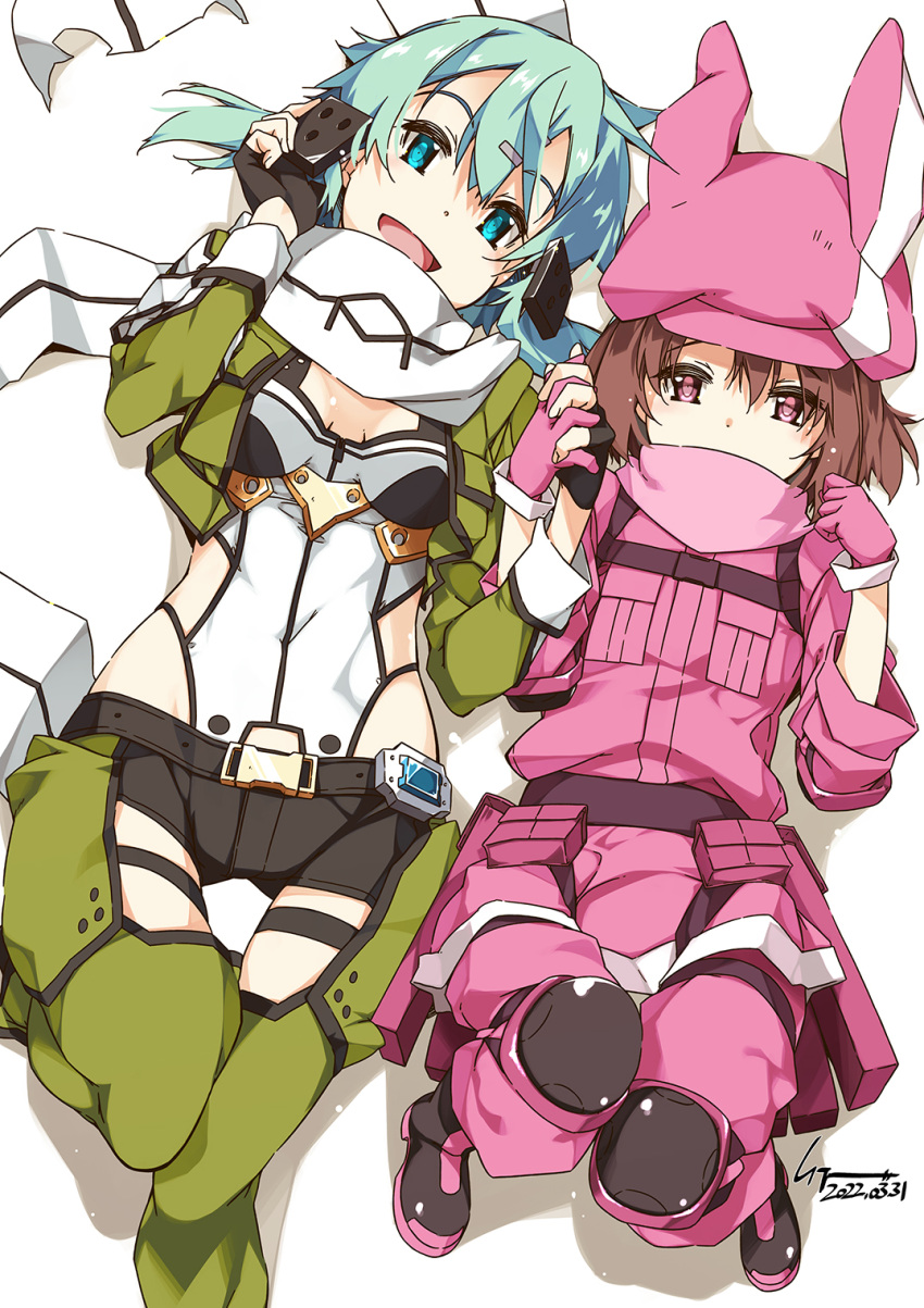 2girls :d belt black_belt blue_eyes breasts brown_hair commission covered_mouth feet_out_of_frame fingerless_gloves gloves green_hair green_thighhighs hair_between_eyes hair_ornament hairclip highres holding_hands knees_up llenn_(sao) looking_at_viewer lying medium_breasts multiple_girls on_back open_mouth pants pink_gloves pink_headwear pink_pants pink_scarf scarf shikei short_hair short_shorts shorts sinon skeb_commission smile sword_art_online sword_art_online_alternative:_gun_gale_online thighhighs white_headwear white_scarf