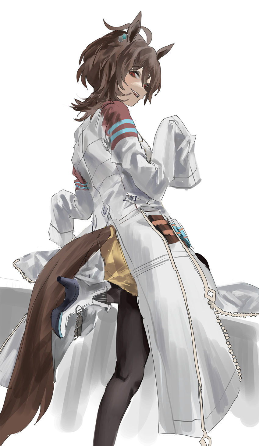 1girl agnes_tachyon_(umamusume) ahoge animal_ears bandolier black_pantyhose boots brown_hair coat cork cowboy_shot earrings grin hair_between_eyes high_heel_boots high_heels highres horse_ears horse_girl horse_tail jewelry jw_(p_p_pp_pp) lab_coat looking_at_viewer pantyhose red_eyes short_hair simple_background single_earring sleeves_past_wrists smile solo sweater_vest tail tail_through_clothes test_tube umamusume white_background white_coat white_footwear yellow_sweater_vest