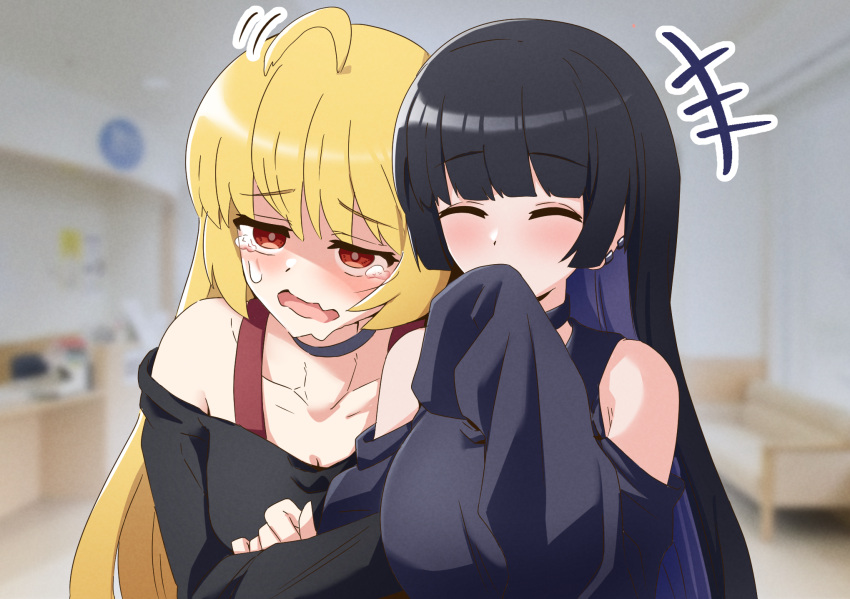 ahoge bare_shoulders black_choker black_hair black_shirt blonde_hair blush bocchi_the_rock! choker closed_eyes collarbone crying ear_piercing highres ijichi_seika long_hair off-shoulder_shirt off_shoulder okayu_(joneydcd) open_mouth pa-san piercing red_eyes shirt yuri