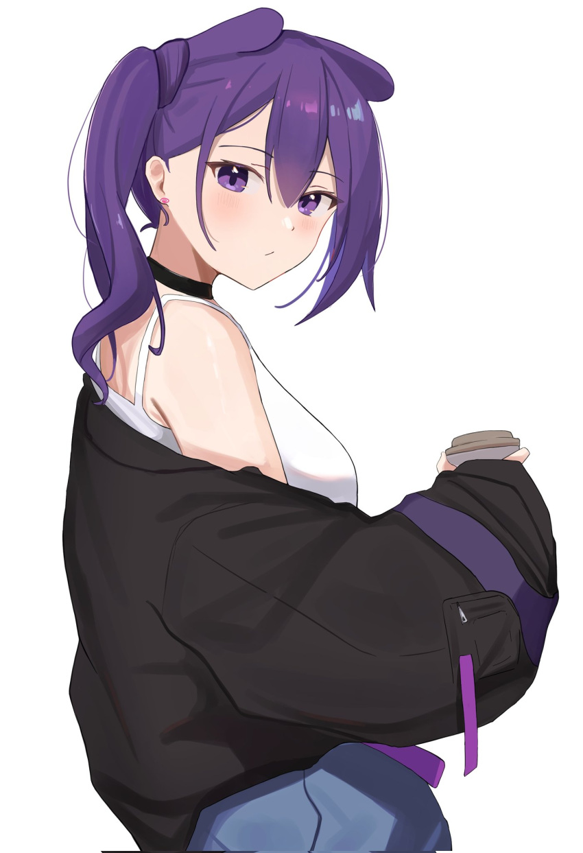 1girl baggy_clothes bare_shoulders black_choker black_jacket blush breasts choker closed_mouth coffee_cup commentary cup disposable_cup earrings from_side hair_between_eyes highres holding holding_cup hololive hololive_english jacket jewelry koupi_(ku_roiko) ku_roiko long_hair looking_at_viewer medium_breasts off_shoulder puffy_sleeves purple_eyes purple_hair shirt sidelocks simple_background solo takodachi_(ninomae_ina'nis) white_background white_shirt