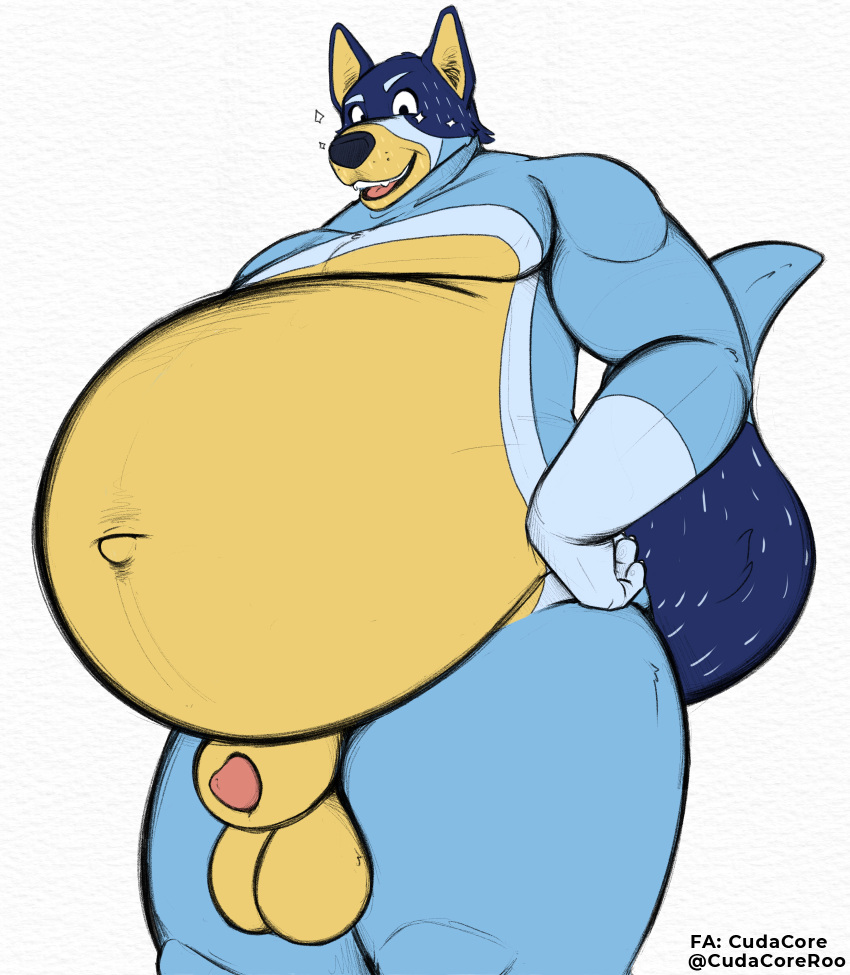animal_genitalia balls bandit_heeler belly belly_inflation bloated bluey_(series) cudacore father_(lore) genitals hi_res inflation innie male mature_male navel parent_(lore) pinup pose sheath slightly_chubby
