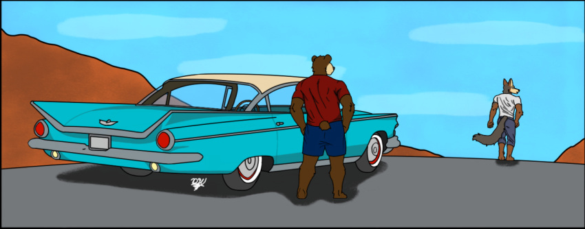 anthro arches_(game) bear brown_body cameron_wilson canid canine canis clothed clothing coyote delta_dewitt detailed_background devon_ortega digital_media_(artwork) duo echo_(series) echo_project male male/male mammal vehicle