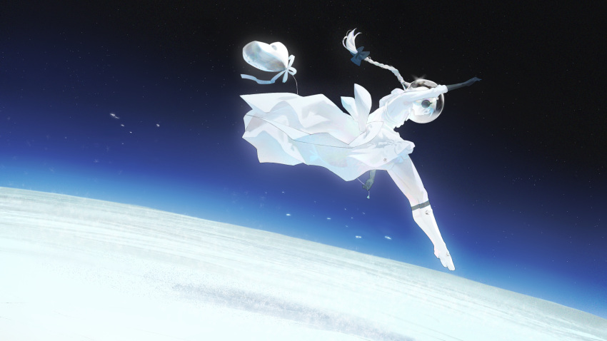 1girl arm_up balloon black_bow black_socks boots bow braid colored_skin commentary_request dress dress_bow elbow_gloves floating from_side full_body gloves hair_bow headphones heart_balloon highres holding holding_balloon in_orbit knee_boots kneehighs leaning_forward long_hair long_sleeves looking_down mi8pq planet plantar_flexion profile sekka_yufu sky snowflake_ornament socks solo space space_helmet star_(sky) starry_sky utau white_bow white_dress white_footwear white_hair white_skin wide_shot