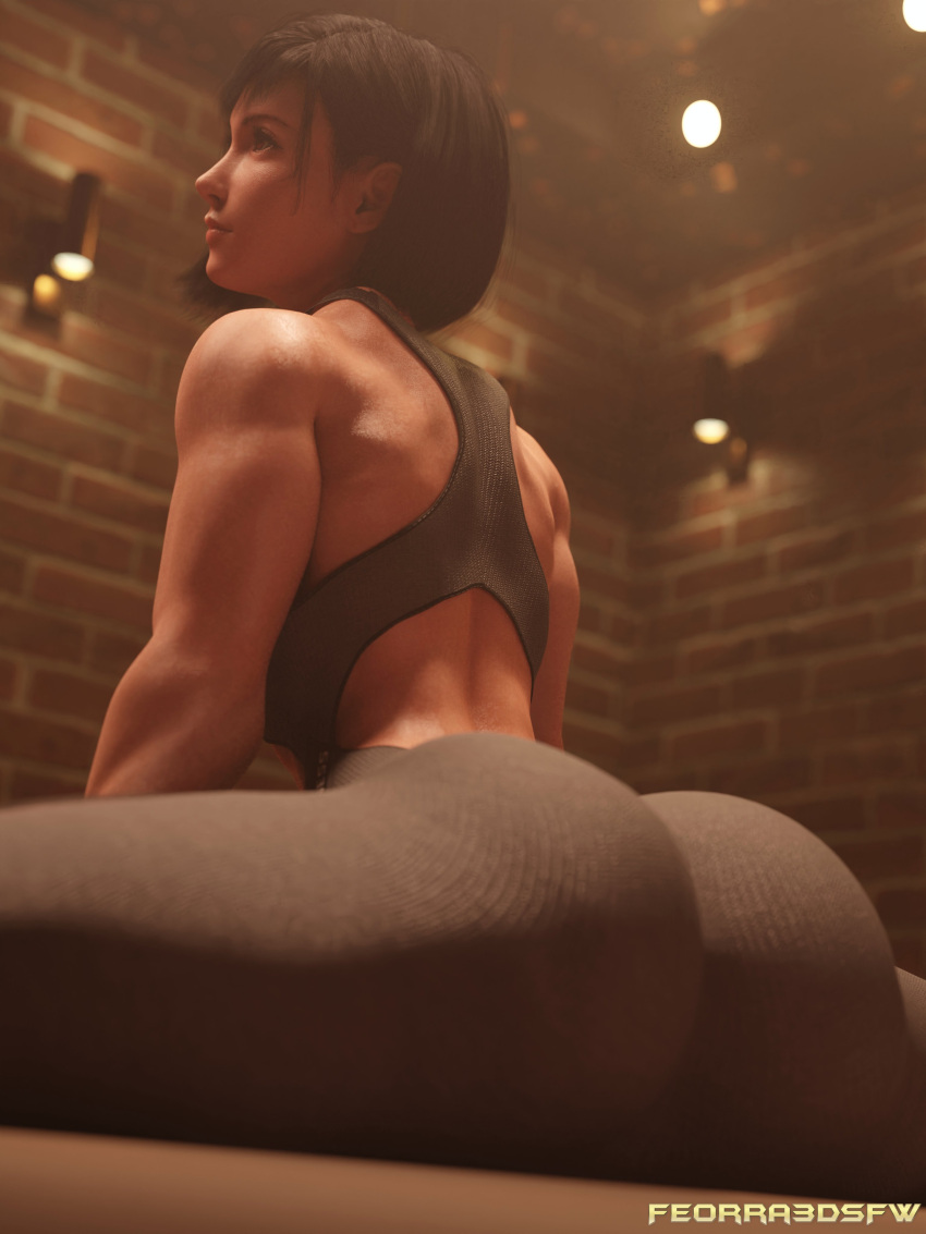 1girl absurdres alternate_hairstyle ass back black_hair brick_wall criss-cross_back-straps feorra3d final_fantasy final_fantasy_vii highres huge_ass lights looking_to_the_side muscular muscular_female pants short_hair solo split tifa_lockhart yoga_pants