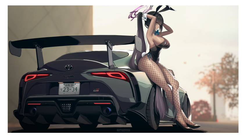 1girl absurdres animal_ears arms_up black_car black_hair black_leotard blue_archive border breasts car dark-skinned_female dark_skin fake_animal_ears fishnet_pantyhose fishnets from_side full_body gloves halo high_heels highres jun_project karin_(blue_archive) karin_(bunny)_(blue_archive) large_breasts leotard long_hair motor_vehicle pantyhose playboy_bunny rabbit_ears sitting solo sports_car toyota_supra very_long_hair white_border white_gloves wrist_cuffs yellow_eyes