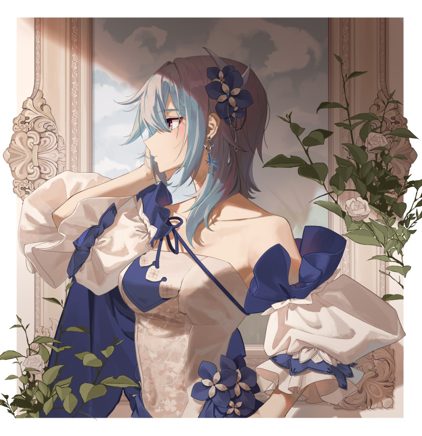 1girl absurdres baiyinzhideng bare_shoulders blue_flower blue_hair border breasts closed_mouth collarbone drawing_(object) dress earrings eula_(genshin_impact) floral_print flower flower_ornament frilled_sleeves frills from_side genshin_impact hair_flower hair_ornament hand_on_own_face hand_up highres jewelry medium_breasts medium_hair outside_border picture_frame plant purple_eyes rose short_sleeves sidelocks solo strapless strapless_dress two-tone_dress upper_body white_border white_dress white_flower white_rose