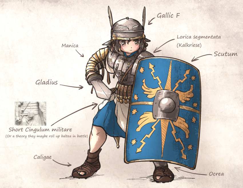 1girl armor bad_link brown_hair gladius helmet highres ironlily legionnaire original plume reference_inset roman_armor roman_clothes roman_empire sandals shield soldier unsheathed weapon