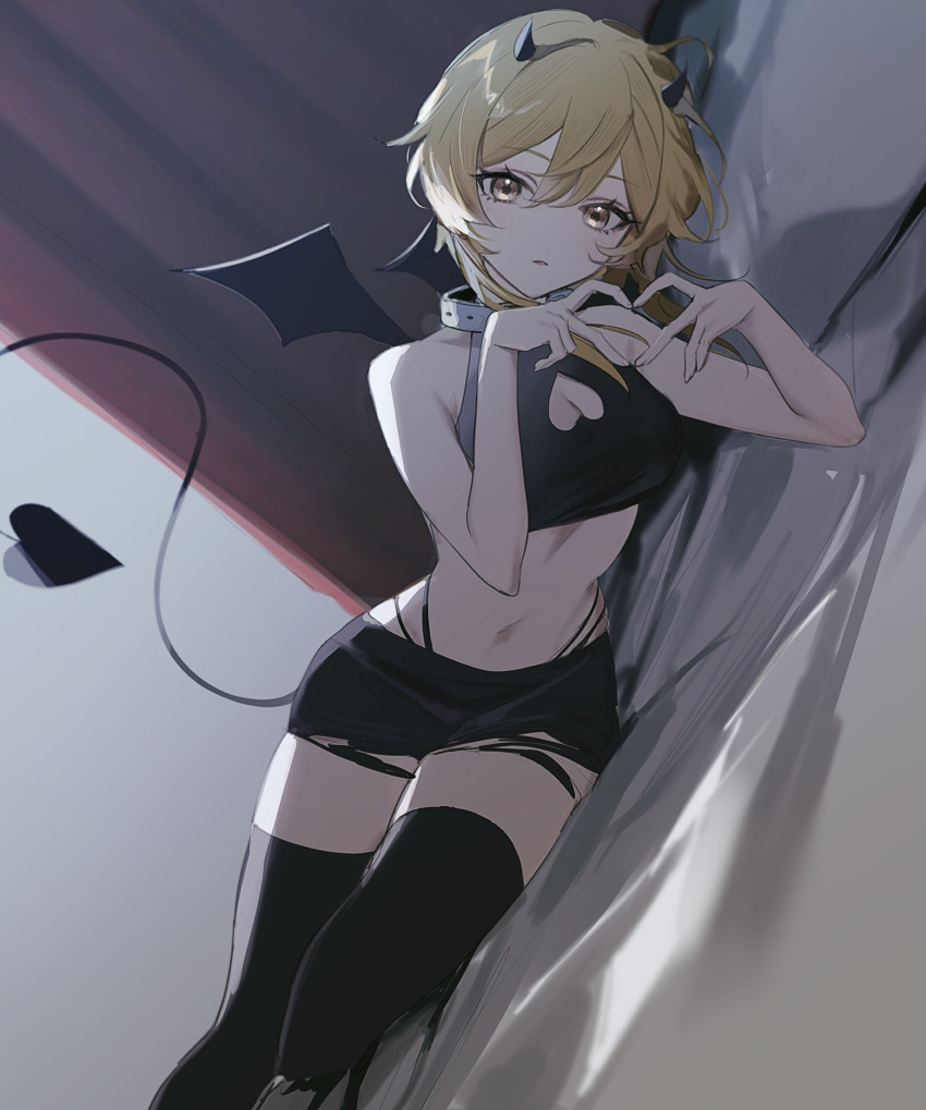 1girl bed black_horns black_thighhighs black_wings blonde_hair breasts cleavage cleavage_cutout clothing_cutout collar genshin_impact hair_between_eyes hair_ornament heart heart_cutout heart_hair_ornament highleg highleg_panties highres horns looking_at_viewer lumine_(genshin_impact) lying on_bed on_side panties short_shorts shorts solo tail thighhighs torn_clothes umnume underwear wings