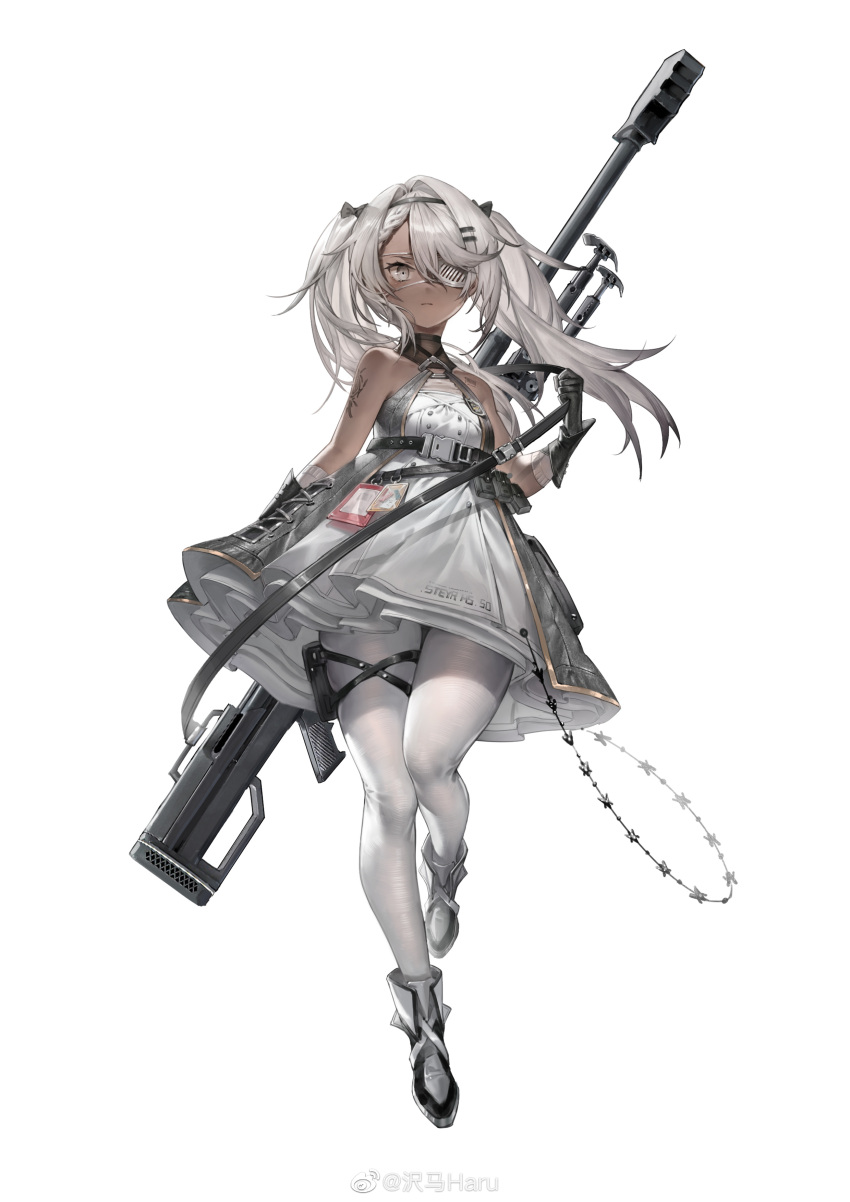 1girl absurdres anti-materiel_rifle arm_tattoo barcode barcode_tattoo bare_shoulders bipod black_footwear black_gloves boots breasts dark-skinned_female dark_skin dress eyepatch full_body girls'_frontline gloves gun hairband highres hs.50_(girls'_frontline) long_hair looking_at_viewer official_art pantyhose rifle sawamaharu simple_background sleeveless sleeveless_dress sling small_breasts sniper_rifle solo steyr_hs_.50 tattoo twintails weapon weapon_on_back white_background white_dress white_hair white_pantyhose