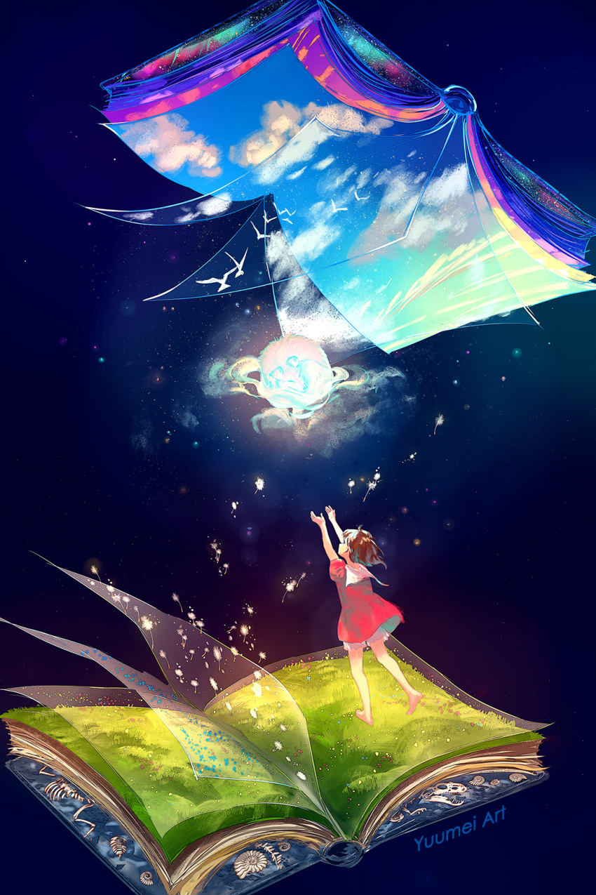 1girl arms_up artist_name barefoot bird blue_sky book brown_hair cloud commentary dress english_commentary highres looking_away open_book original red_dress short_shorts short_sleeves shorts shorts_under_dress sky soles standing standing_on_one_leg star_(symbol) white_shorts yuumei