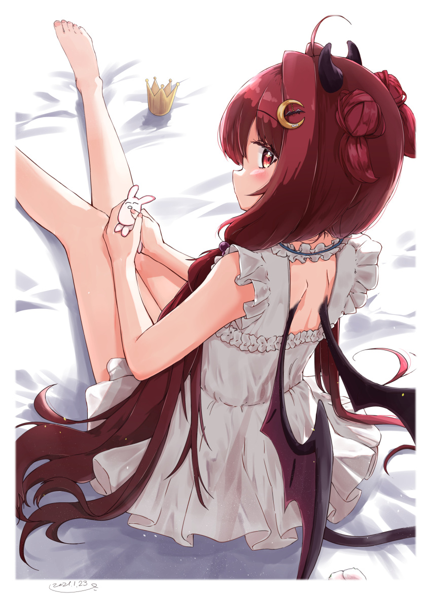 1girl absurdres ahoge bare_arms bare_legs barefoot collar crescent crescent_hair_ornament crown demon_girl demon_horns demon_tail demon_wings double_bun dress feet foot_out_of_frame frilled_collar frilled_dress frilled_ribbon frills from_above from_behind hair_between_eyes hair_bobbles hair_bun hair_intakes hair_ornament hair_over_shoulder hands_on_own_knees highres holding horns knees_together_feet_apart legs light_blush long_hair looking_at_viewer looking_back low_twintails nail_polish nijisanji on_bed own_hands_together red_eyes red_hair ribbon shadow shiisaa3 short_dress sitting sleeveless sleeveless_dress solo tail toenail_polish toenails toes twintails very_long_hair virtual_youtuber white_dress wings yuzuki_roa