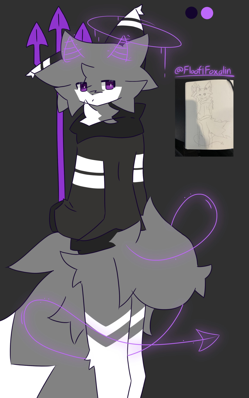 absurd_res ambiguous_gender anthro big_tail bottomless canid canine clothed clothing floofifoxalin floofy_(floofifoxalin) fox fur grey_body grey_fur halo hi_res hoodie horn looking_at_viewer mammal pitchfork purple_eyes rear_view simple_background solo spade_tail tail tools topwear