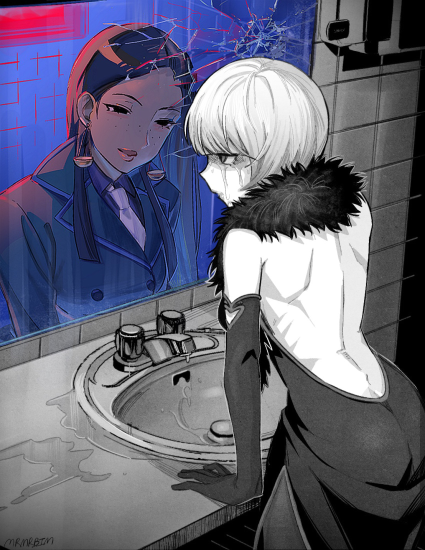 2girls ace_attorney ace_attorney_investigations ace_attorney_investigations:_miles_edgeworth arm_support artist_name back back_cutout backless_dress backless_outfit bathroom black_eyes black_hair broken_mirror callisto_yew china_dress chinese_clothes closed_mouth clothing_cutout commission different_reflection dress dual_persona elbow_gloves english_commentary freckles fur_collar gloves green_jacket highres indoors jacket long_hair looking_at_another looking_at_mirror maro_(mrmrbim) mirror multiple_girls necktie partially_colored reflection shih-na short_hair side_slit sink smile spoilers standing tile_wall tiles wet white_necktie