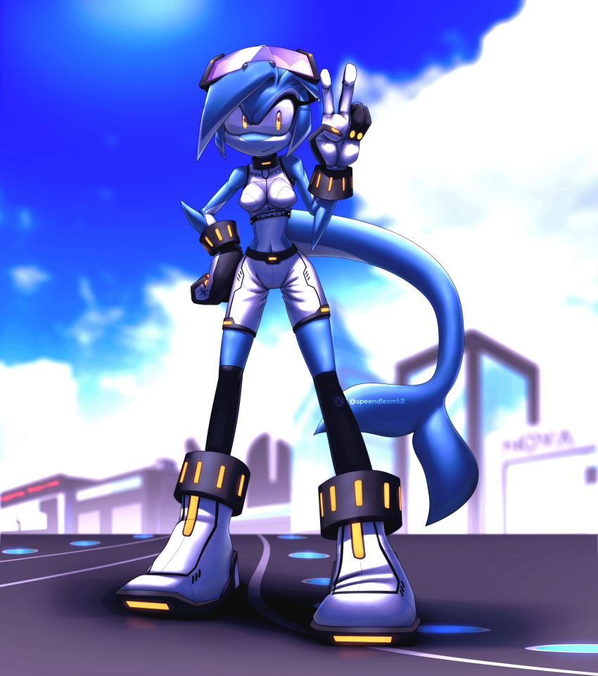 absurd_res anthro blue_body blue_skin boots bottomwear cetacean city cityscape clothing dolphin eyewear female footwear gesture glasses gloves hand_on_hip handwear hi_res hotpants mammal marine sega shirt shorts solo sonic_legacy sonic_the_hedgehog_(series) speendlexmk2 tank_top tempest_the_dolphin toothed_whale topwear v_sign yellow_eyes