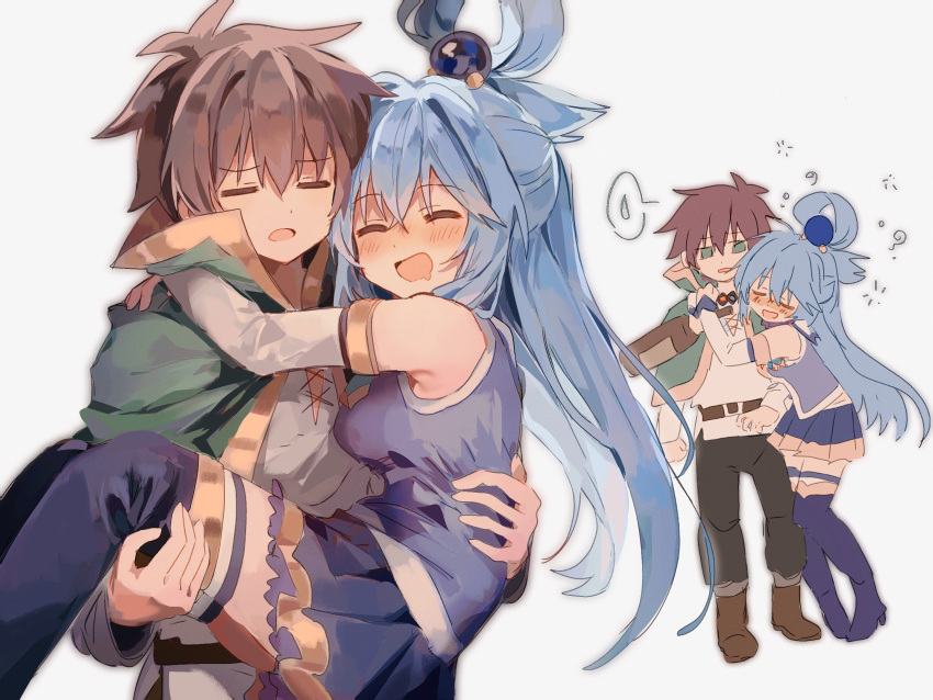 1boy 1girl aqua_(konosuba) arms_around_neck belt black_pants blue_eyes blue_hair blue_shirt blue_skirt blue_thighhighs blush boots bottle bow bowtie breasts brown_belt brown_hair cape capelet carrying detached_sleeves drunk gem green_bow green_bowtie green_cape green_capelet green_eyes hair_between_eyes hair_ornament hair_rings happy heads_together hetero highres holding holding_bottle hug kono_subarashii_sekai_ni_shukufuku_wo! long_hair open_mouth pants pekeheihou princess_carry satou_kazuma shirt short_hair simple_background single_hair_ring skirt smile smiley_face thigh_boots thighhighs very_long_hair white_background white_shirt white_sleeves