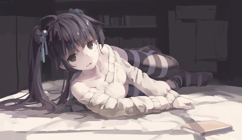 1girl bare_shoulders black_eyes black_hair book commentary hair_bobbles hair_ornament huanxiang_huifeng indoors looking_at_viewer lying on_bed on_side original photoshop_(medium) revision solo striped striped_thighhighs thighhighs twintails
