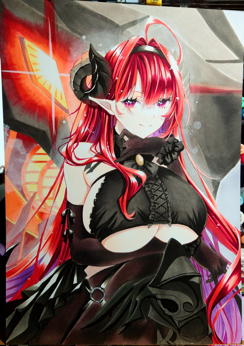 1girl arms_under_breasts azur_lane black_gloves black_headband black_horns breasts center_cross_lace center_frills clothing_cutout cowboy_shot curled_horns demon_girl elbow_gloves frilled_gloves frills gloves glowing glowing_eye headband highres hindenburg_(azur_lane) horns light_smile long_hair looking_at_viewer marker_(medium) mimi_(mini1474) non-humanoid_robot pink_eyes pointy_ears red_hair robot robot_dragon solo traditional_media underboob underboob_cutout very_long_hair