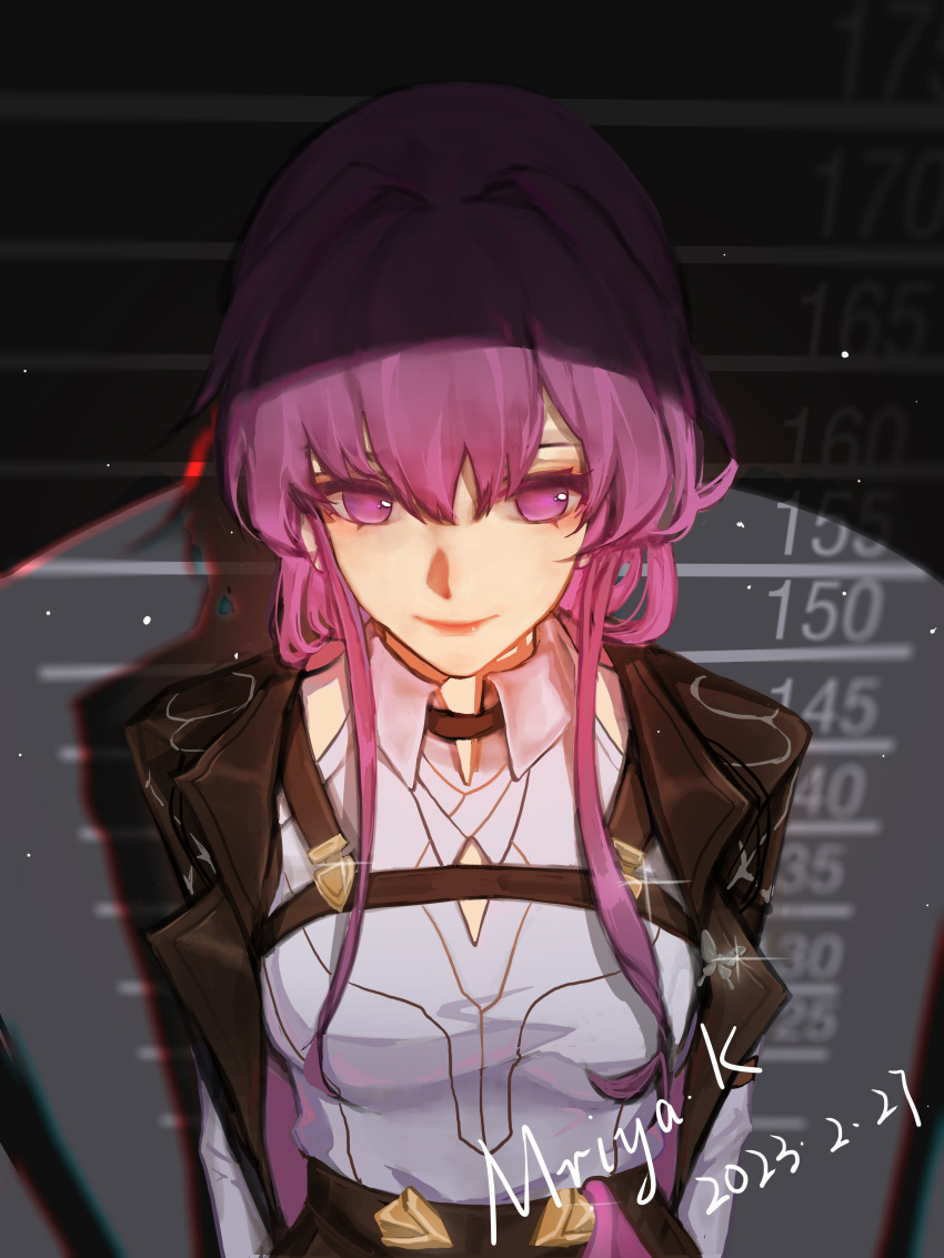 1girl absurdres black_jacket chest_harness chinese_commentary collared_shirt commentary dated from_above hair_between_eyes hair_intakes harness height_chart highres honkai:_star_rail honkai_(series) jacket kafka_(honkai:_star_rail) lapel_pin lapels light_particles light_smile lips mriyak notched_lapels open_clothes open_jacket purple_eyes purple_hair shirt short_hair_with_long_locks signature solo spotlight upper_body white_shirt