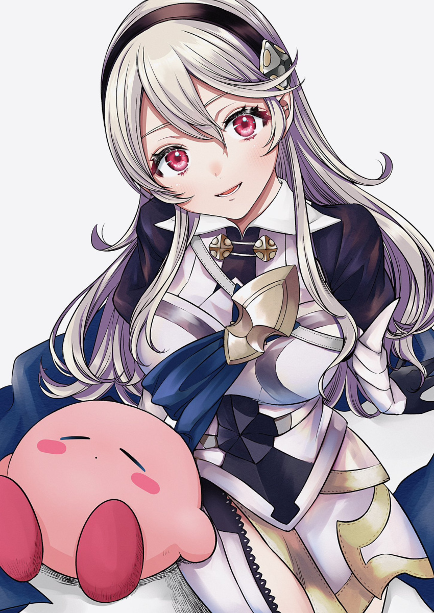 1girl arm_support armor armored_dress black_gloves black_hairband blue_cape breasts cape corrin_(female)_(fire_emblem) corrin_(fire_emblem) feet_out_of_frame fire_emblem fire_emblem_fates gloves grey_background grey_hair hair_between_eyes hairband head_tilt highres juliet_sleeves kirby kirby_(series) large_breasts long_hair long_sleeves looking_at_viewer lower_teeth_only open_mouth pointy_ears puffy_short_sleeves puffy_sleeves red_eyes roroichi shadow short_sleeves sidelocks simple_background sitting sleeping super_smash_bros. teeth