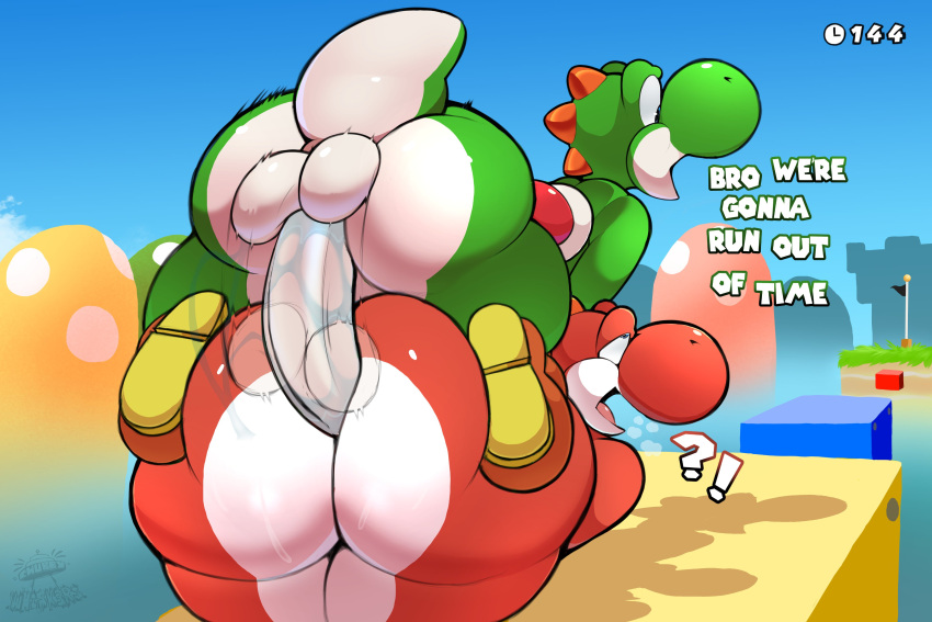 absurd_res ambiguous_gender ambiguous_penetrated anthro balls big_butt bodily_fluids butt chubbywhisk3rs clothing detailed_background duo footwear footwear_only genitals hi_res male male/ambiguous male_penetrating male_penetrating_ambiguous mario_bros mostly_nude motion_lines nintendo penetration sex shoes shoes_only super_mario_bros_wonder sweat thick_thighs timer yoshi