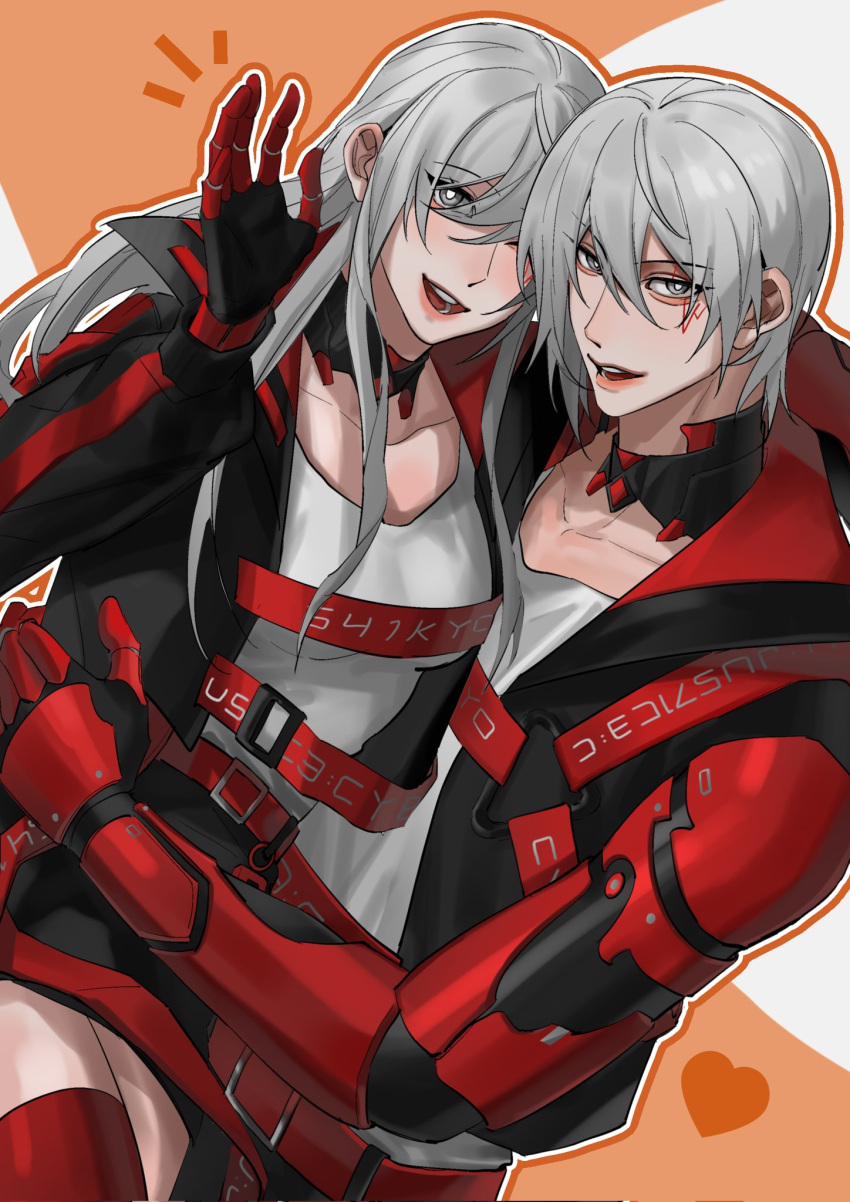 1boy 1girl black_jacket dual_persona facial_tattoo fulgur_ovid fulgur_ovid_(1st_costume) genderswap genderswap_(mtf) grey_eyes grey_hair hair_between_eyes hair_over_one_eye highres jacket mechanical_arms monien111 multicolored_choker nijisanji nijisanji_en shirt tank_top tattoo virtual_youtuber white_shirt white_tank_top