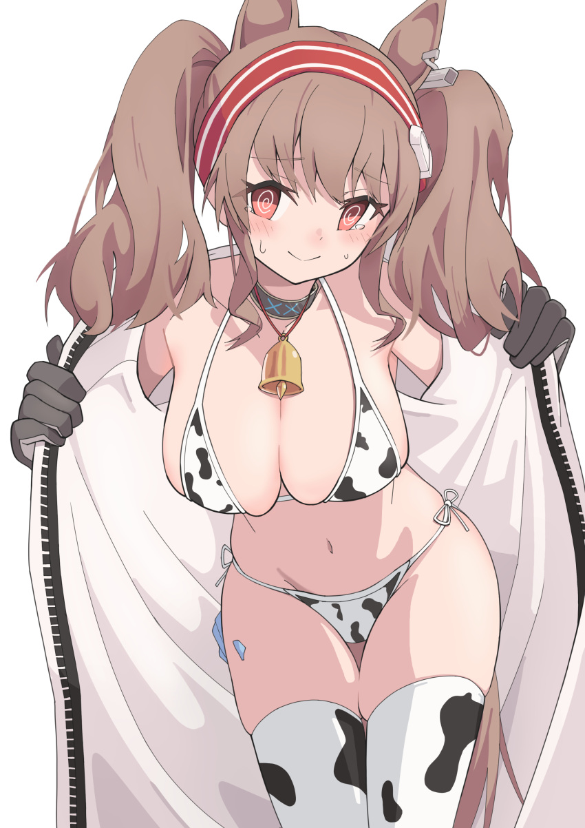 1girl @_@ absurdres angelina_(arknights) animal_ears animal_print arknights bell bikini black_gloves blush breasts brown_hair cleavage closed_mouth cow_print crying crying_with_eyes_open embarrassed fox_ears fox_girl gloves highres jacket jewelry large_breasts leaning_forward long_hair looking_at_viewer navel necklace nervous_smile open_clothes open_jacket red_eyes simple_background smile sweat swimsuit tears thighhighs twintails white_background yuuko_(oruta)
