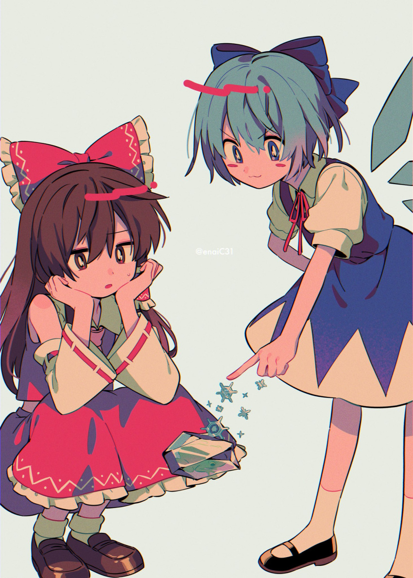 2girls ascot bare_shoulders black_footwear blue_bow blue_dress blue_eyes blue_hair blush_stickers bow brown_eyes brown_footwear brown_hair cirno closed_mouth collared_shirt detached_sleeves detached_wings dress fairy frilled_skirt frills hair_between_eyes hair_bow hair_tubes hakurei_reimu highres ice ice_wings japanese_clothes long_hair menma_(enaic31) multiple_girls nontraditional_miko open_mouth red_bow red_skirt ribbon-trimmed_sleeves ribbon_trim shirt shoes short_hair short_sleeves skirt smile socks touhou twitter_username white_shirt white_socks wide_sleeves wings yellow_ascot