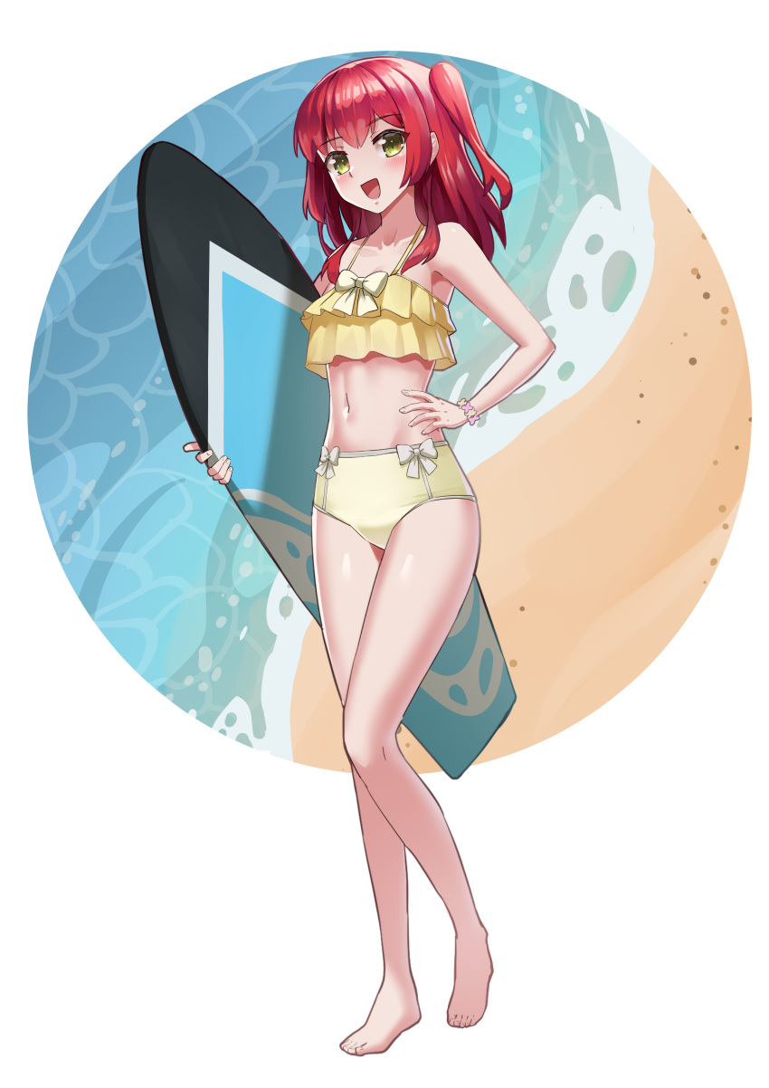 1girl absurdres barefoot beach bikini bocchi_the_rock! commentary frilled_bikini frills full_body green_eyes hand_on_own_hip highres kazumasa_ken kita_ikuyo long_hair ocean one_side_up red_hair solo surfboard swimsuit waves yellow_bikini